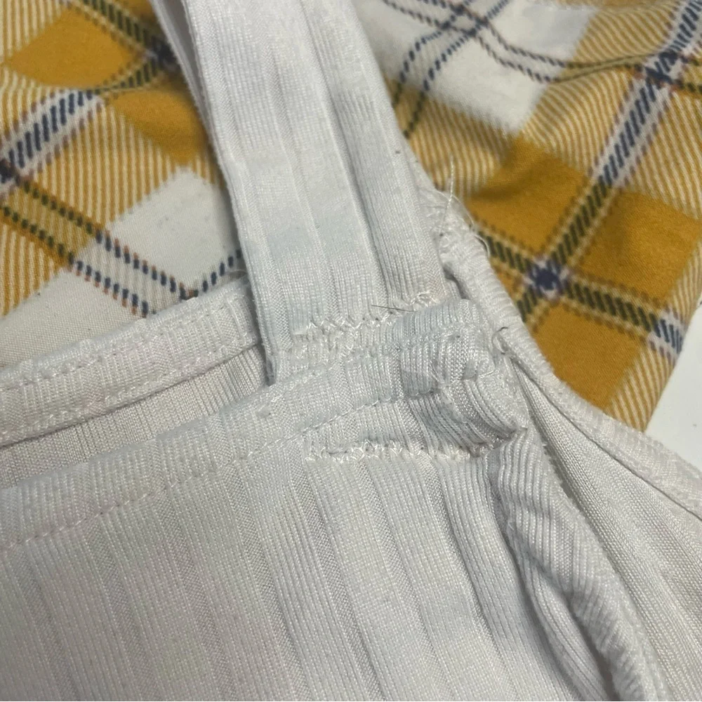 No Comment Girls 16 XXL White and Yellow Plaid Jumpsuit Hemmed Straps PRELOVED